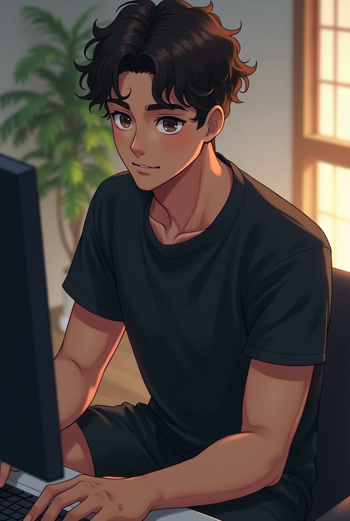 A Japanese man with a height of 180cm, natural curls, wearing black short-sleeved shorts and short pants, in front of a computer, with a slightly double eyelid and darker skin.
