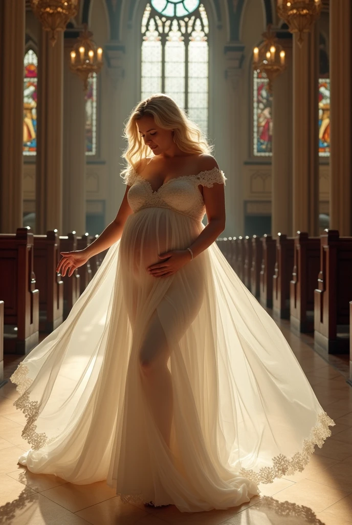 At the church、Wearing a wedding dress、Her big breasts were exposed through her clothes、A blonde, white pregnant woman with a large belly measuring 500cm is dancing.