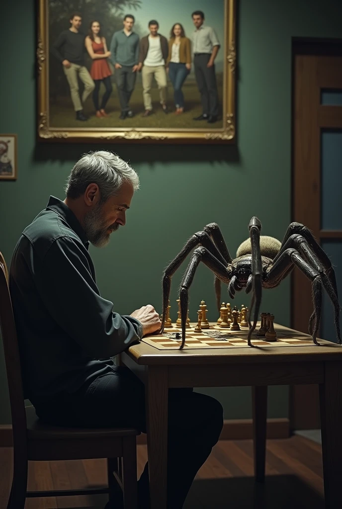 Lonely adult man with short gray hair, half closed beard that looks serious, playing chess with a single large spider With a painting of him and his high school friends in the background 