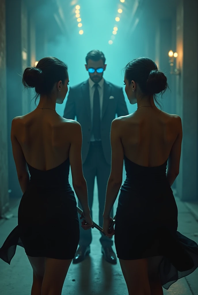(Two spy girls, dressed in hot black backless dresses, are engaged in an intense sword fight against a menacing man in a sharp suit.
The man eyes glowing blue entrance while fighting with swards against girls.
He is using Hypnosis on two girls while clashing swards 