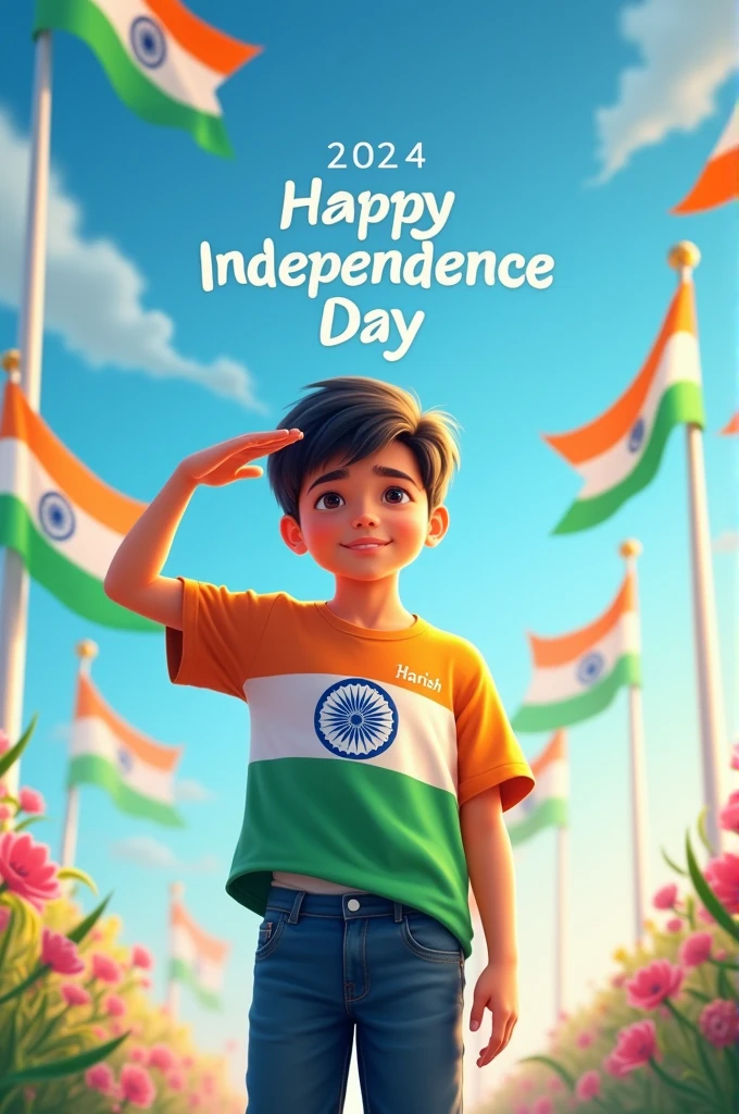 HAPPY INDEPENDENCE DAY 2024
A young boy stands proudly under a clear blue sky, celebrating Independence Day on August 15th, 2024. He is wearing a vibrant tricolor T-shirt with his name "Harish" printed on the back, along with a large image of the Ashoka Chakra. The sky above him features the words "Happy Independence Day 2024" in bold, festive letters. Indian flags are flying around him, and a sense of national pride fills the air as he salutes, symbolizing his love for the country.