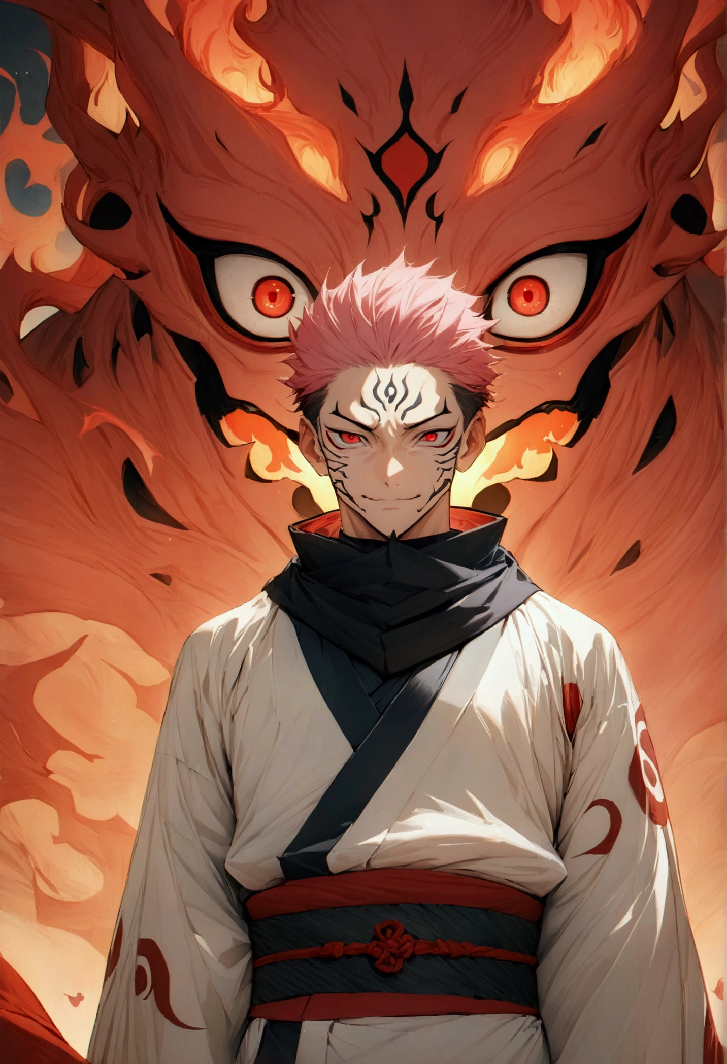 (masterpiece:1.3),(Highest quality:1.4),(Very detailedな:1.5),High resolution,Very detailed,8K,(1 male,sukuna ryoumen,JUJUTSU KAİSEN,Pink Hair)Double-sided Sukuna,(The costume is a white kimono、Black scarf)Laugh fearlessly、Red eyes、(The background is an image of a fiery hell)