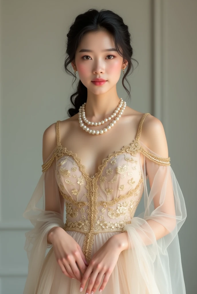 Elegant mature young woman wearing pink tatoe。Full body front view、Asian、The skin is relatively white、Luxurious clothing、Silky transparent lace on the clothes、Gold wire trim、Jewelry decoration、A pearl necklace hangs around her neck。