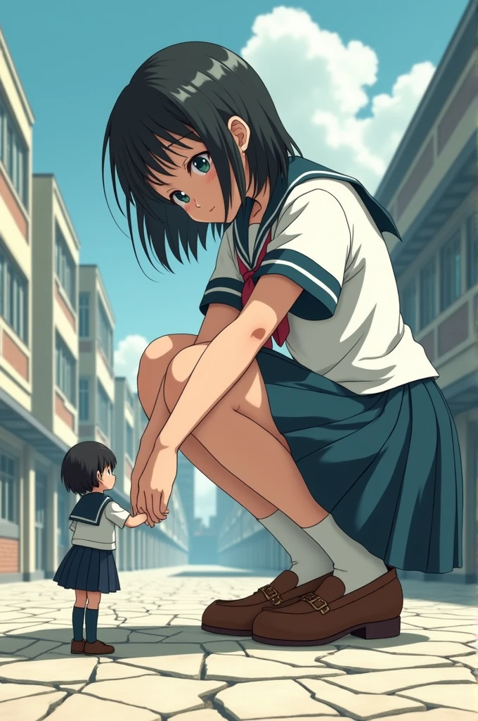 A giant Japanese junior high school student, about 20 meters tall, squatting down, wearing a sailor suit, looking shyly at the Japanese junior high school student in front of her, her loafers making cracks on the floor.