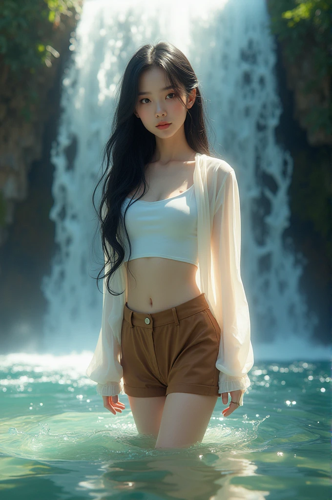 full lebght hiper 4k young woman, and a beautiful, sweet face, black hair, and a beautiful, sweet face, long black hair, in a white top, wearing a white long-sleeved shirt over it and wearing brown shorts, playing in a waterfall, the water is only waist-deep. The beauty that splashes down from a high cliff, there is a mountain stream, the atmosphere is cool and refreshing, glowing and sparkling, beautiful, oil painting, three-dimensional painting, art painting, Ajarn Chalermchai