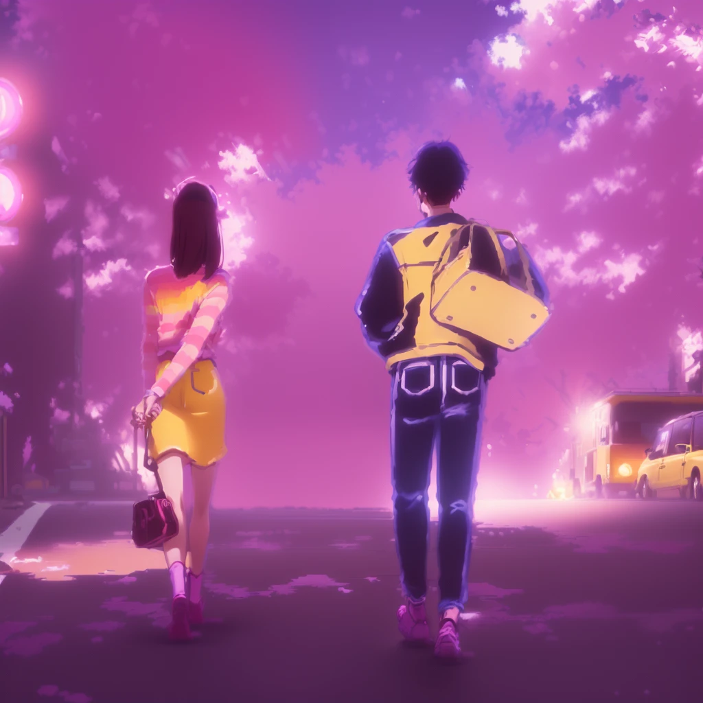 Animated scene of a couple walking down the street with their car, praise feel, praise, praise artstyle, praise art, praise girl, praise colors, praise vibes, 90s anime aesthetic, praise vibe, Retro Anime Images, Anime movie stills, praise hip hop, Moebius and Makoto Shinkai