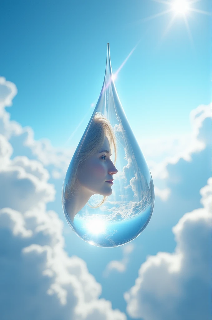A blue heavenly sky with white fluffy clouds, with a huge big tear drop from Heaven, shiny rainbow effect on tear drop more white fluffy clouds in distance,angel reflection in [tear drop of corner of eye lids] Angel in the eye, *bigger tear drop from eye lids*bluer eye Angel in eye reflection , Miki Asai Macro photography, close-up, hyper detailed, trending on artstation, sharp focus, studio photo, intricate details, highly detailed, by greg rutkowski