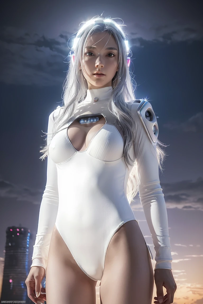 ((masterpiece, best quality, extremely detailed), volumetric lighting, ambient occlusion, colorful, glowing), 
1girl, solo, young girl, (silver hair), long hair, halo, aura, sacred, goddess, cyber suit, (white bikini and bodysuit combined design:1.3), 
outdoors, sunset, sky, clouds, space, (cyberpunk theme:1.2),