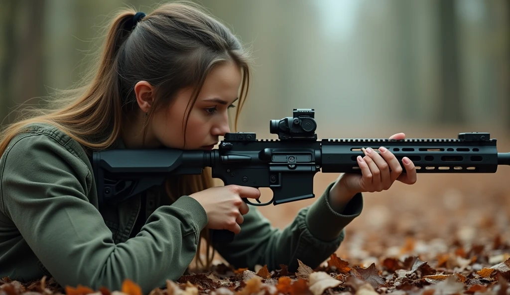 a 20years old woman holding gigantic rifle, prone bone, from side, wide shot,