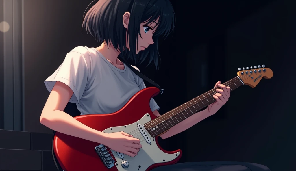 Red Electric Guitar,The pickguard is also red,A girl playing,19 years old,Bluish black hair,Dark Room,Inside the room,Gentle moonlight,Heavy round bob hair,Plain white T-shirt,Anime Style, Shooting from an oblique angle,High resolution,