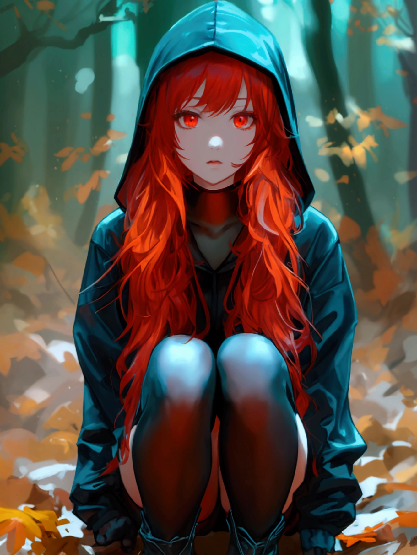 Lonely girl in full growth, red scarlet long wavy hair, red-scarlet shining eyes, pale skin, Slim beautiful figure, all black hoodie, black shorts, black and grey striped wool stockings, black boots without heels, hands in pockets, dark forest, night