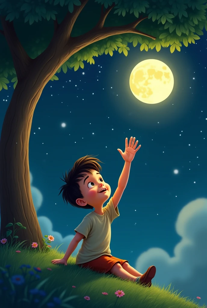 a boy sitting under the tree and it’s dark evening the sky with full moon and stars around it and the boys right hand trying to touch moon and the image looks behind that boy 
animated image