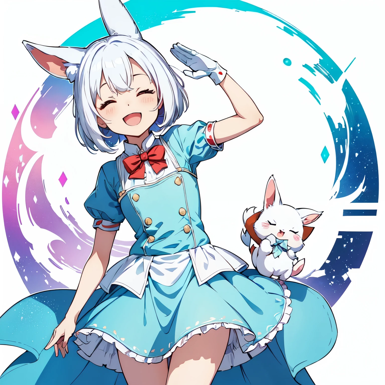 anime style, cute small white rabbit, (((one arm salute and one arm down))), (((smile and close eyes and open mouth))), 1girl, (((chibi))), red eyes, tall ears, bob hairstyle, large face, short stature, wearing a light blue dress, (best quality,4k,8k,highres,masterpiece:1.2), intricate details,highly detailed,exquisite,stunningly beautiful,vibrant colors,soft lighting,fantasy,magical realism,((white background))
(simple background),