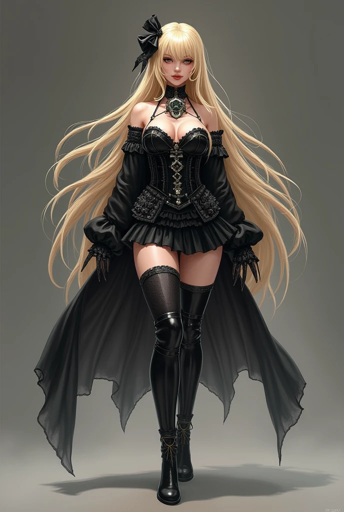 Long-haired blonde character with a black corset and high-heeled boots , a bow in her hair and a shocker around her neck and she is white has dark brown eyes and wears a black mini skirt