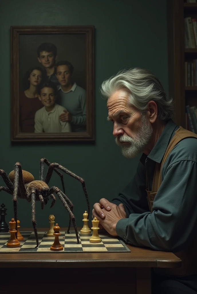 Lonely adult man with short gray hair, half closed beard that looks serious, playing chess with a single large spider with a small painting of him and his high school friends in the background