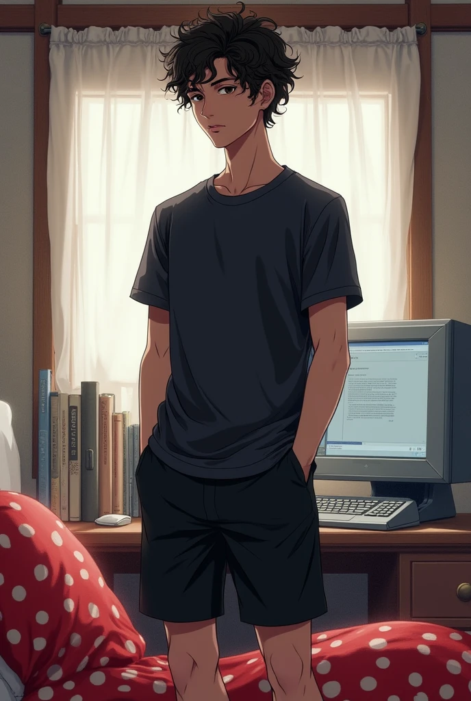 A Japanese man with a height of 180cm, natural curls, wearing black short-sleeved shorts and pants, standing in front of a computer, with a slightly dark double eyelid and a red polka-dot futon nearby
