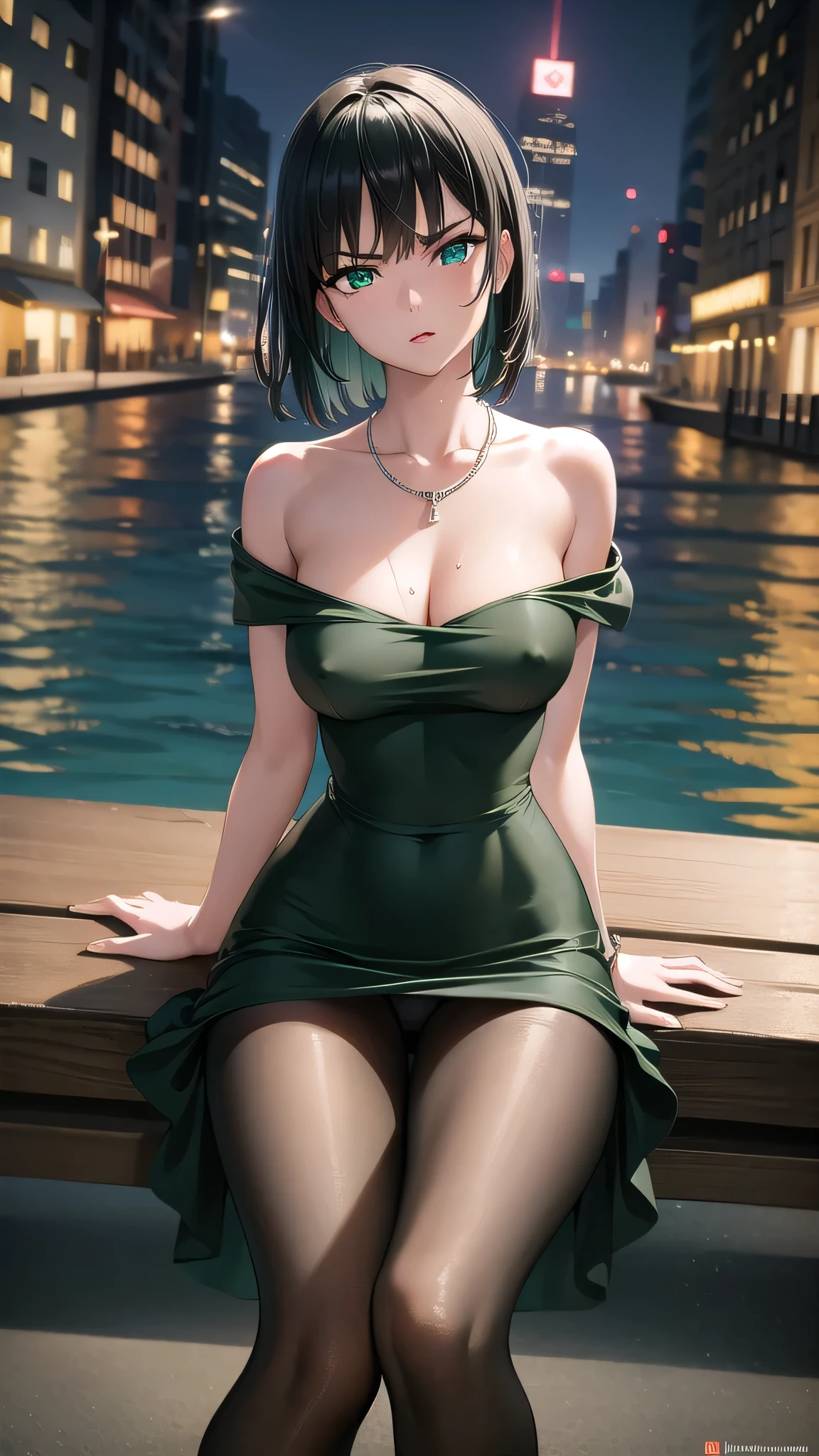 BREAK (masterpiece:1.2), best quality, high resolution, unity 8k wallpaper, (illustration:0.8), (beautiful detailed eyes:1.6), extremely detailed face, perfect lighting, extremely detailed CG, (perfect hands, perfect anatomy),city,street,wet road,reflections, buildings,night,fubuki, black hair, (green eyes:1.5), short hair,black dress, dress, fur coat, high collar, jewelry, necklace, off shoulder, taut clothes, taut dress, pantyhose,angry face, neckline,cleavege,nipples see through,sitting in bench, wide spread legs,showing panties.