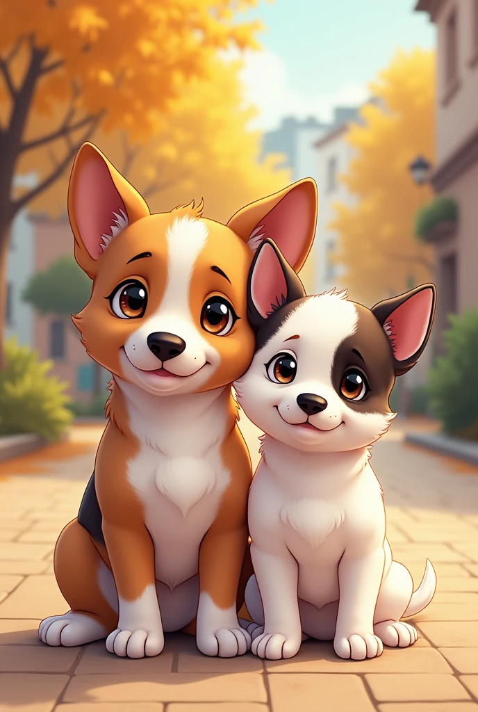 They are two dogs, one of them is 1 and a half years old., fur: The puppy has a short, two-colored coat.: mainly brown with white , especially on the head and legs. eyes: Sus ojos son de Size mediano, dark and round. ears: He has big, pointed ears., body: Parece ser un perro de Size mediano, with a slender body and thin legs. cola: Its tail is long and thin., 

Y el otro 2 meses de vida de fur: Color: Predominantly white with brown markings. The black spots are concentrated mainly on the head., including the ears and the top of the snout. There are also black spots on the back and base of the tail.. texture: The coat appears to be short and smooth.. eyes: Color: Dark brown. form: Tienen una forma almendrada y parecen ser de Size pequeño. ears: Size:  son de Size mediano y tienen una forma triangular. Size: un perro de Size pequeño.
form: His body is slim and proportionate, with a moderately broad chest. paws: The legs are thin. cola: The tail is of medium length and tapers towards the tip., 

together with me, 21 year old woman, light brown skin color, small black hair, 

that it be style like anime photo
