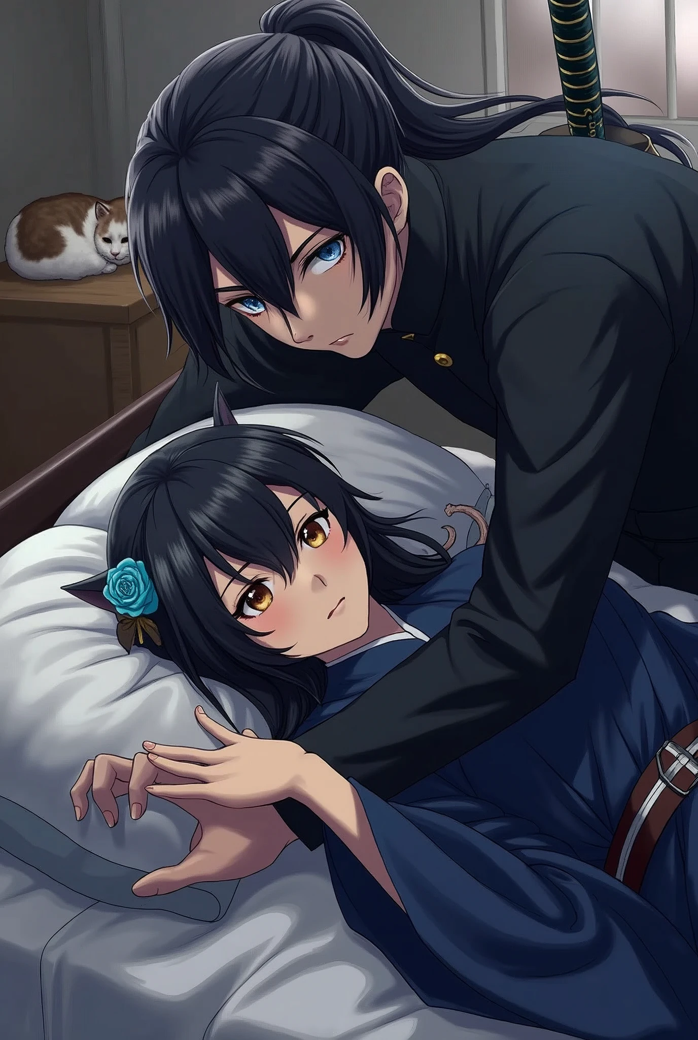 Demon Slayer style male character Unfotable, tall with long black hair tied up, with blue eyes 21 years old in a demon hunter uniform with a katana, trying to wake up a female demon hunter character with long black hair with a blue rose in her hair, light brown eyes and hunter uniform with navy blue Haori lying on a bed with a cat 