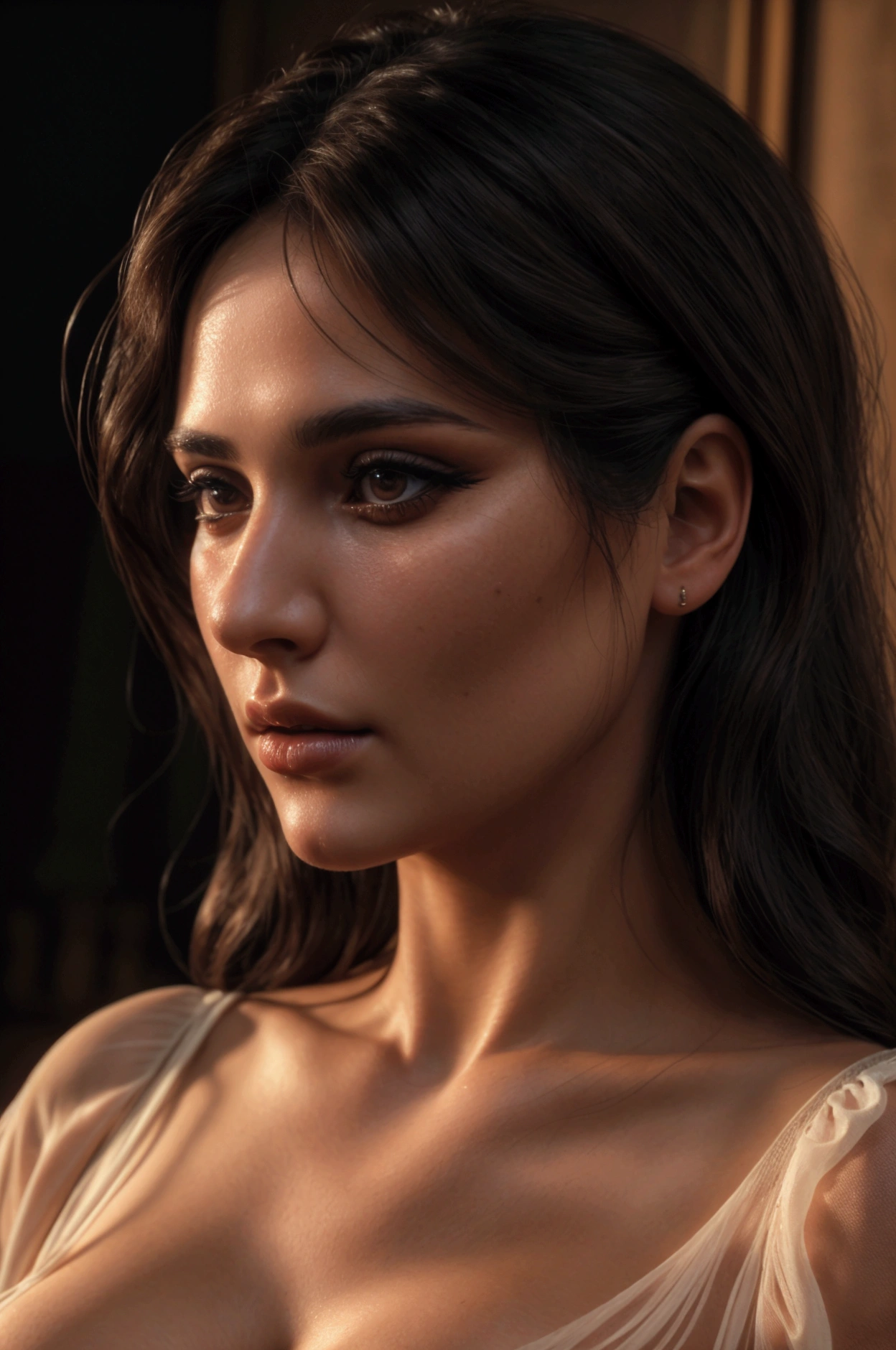 1960s Italian woman, sheer white blouse with visible brown nipples, beautiful woman with average-sized but perky breasts, brown nipples, wavy black hair, beloved woman, professional camera, professional lighting, (best quality,4k,8k,highres,masterpiece:1.2),ultra-detailed,(realistic,photorealistic,photo-realistic:1.37),detailed eyes, detailed lips, extremely detailed face, long eyelashes,elegant,sensual,chiaroscuro lighting, warm color tones, cinematic, dramatic lighting.