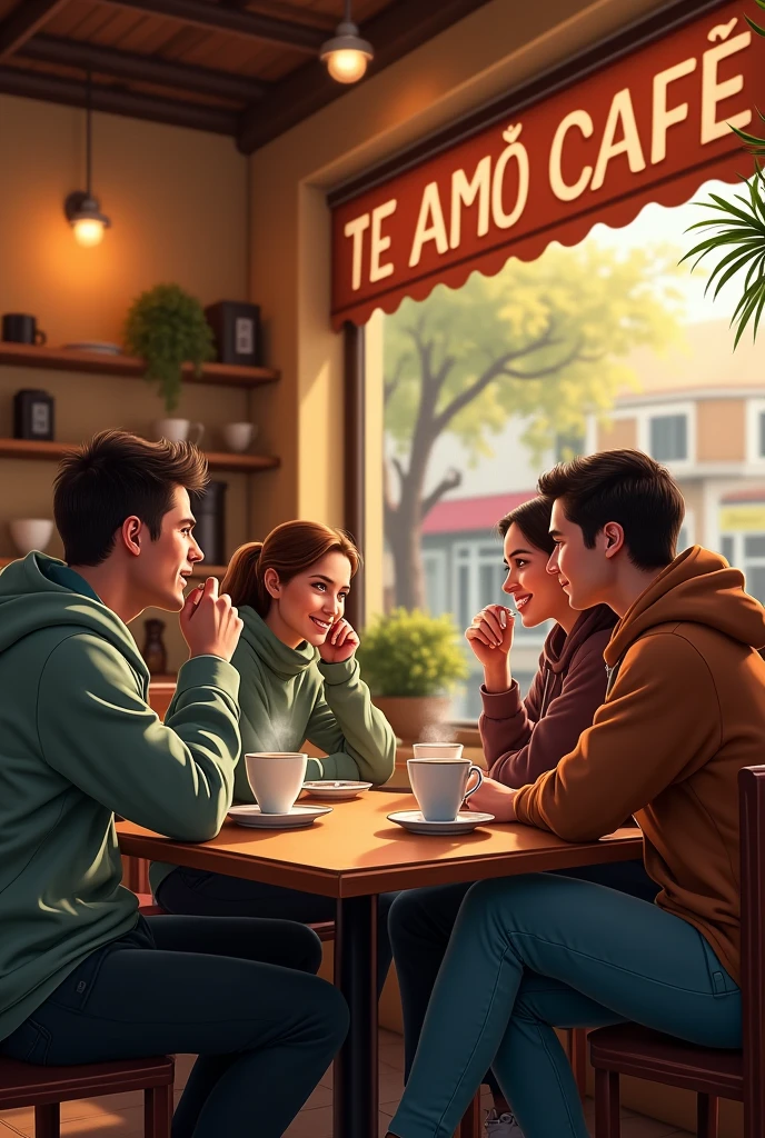 Hd poster with people drinking cupouccino back ground  headding TE AMO cafe 