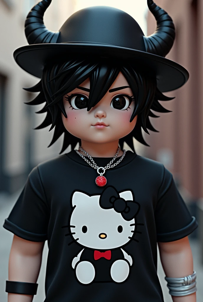 roblox character man aesthetics, with black hat and black hair and black horns hanging jewelry man roblox hello kitty t-shirt