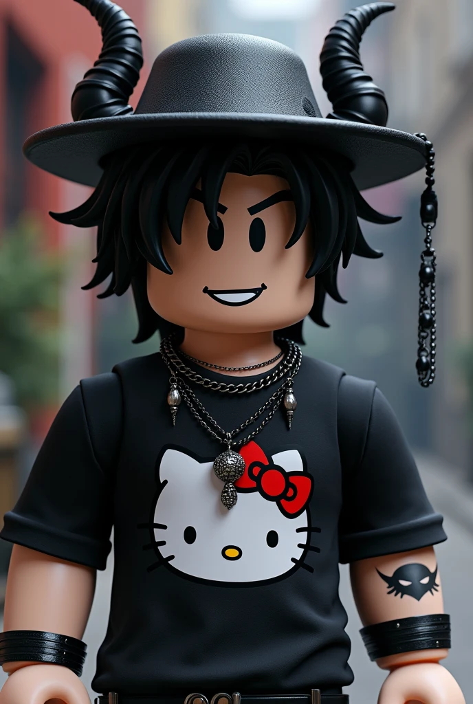 roblox character man aesthetics, with black hat and black hair and black horns hanging jewelry man roblox hello kitty t-shirt