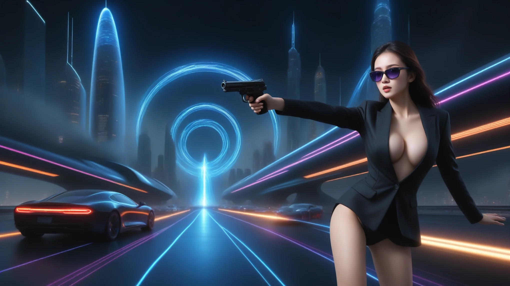 A sexy young slim woman wearing a black suit and dark glasses stood still, (holding a short gun), large-breast cleavage. The background is full of Sparkling, colorful electricity and colorful visual effects, flying cars, sci-fi sparkling-spirit wormhole. Realistic style and high definition Dynamic poses and stunning lighting.