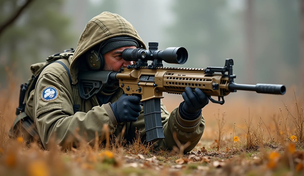 gigantic rifle, prone bone, from side, wide shot,