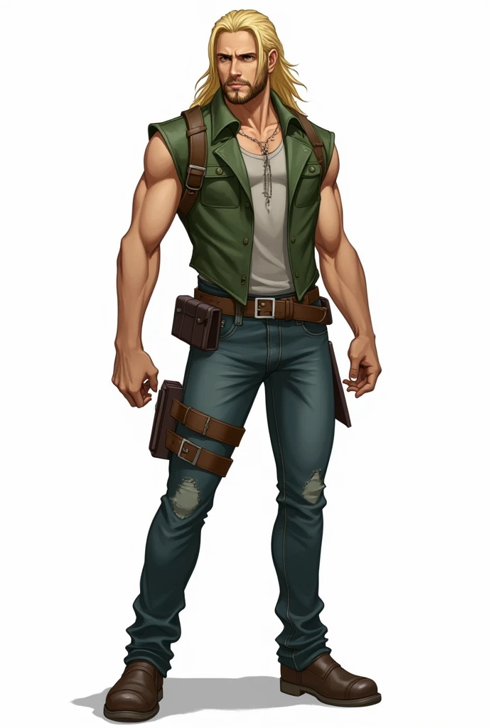 ANIME character male, full body, standing, strong, long blonde hair, ((design sketches)), (masterpiece), extremely detailed, (original design reserved), (Random poses), LEADER, (unique accessories), (clothing, green vest, jeans), (bearded face) professionally retouched, white background, (male: 1.1) martial arts, parkour (jeans cauça p: 0.8), (dirty: 1.1), (movement: 0.8), (young: 1.3) , (sprint: 0.6) (silent hill concept) (resident evil concept)