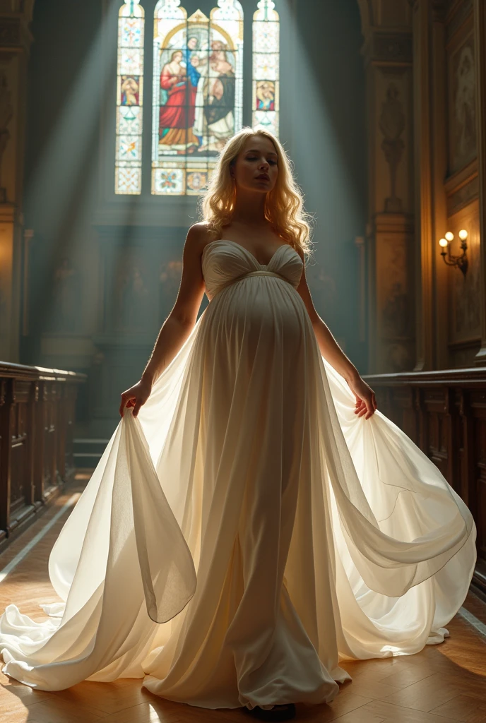 At the church、Wearing a wedding dress、Her enormous breasts were exposed through her clothes.、A blonde, white pregnant woman with a large belly measuring 500cm is dancing.