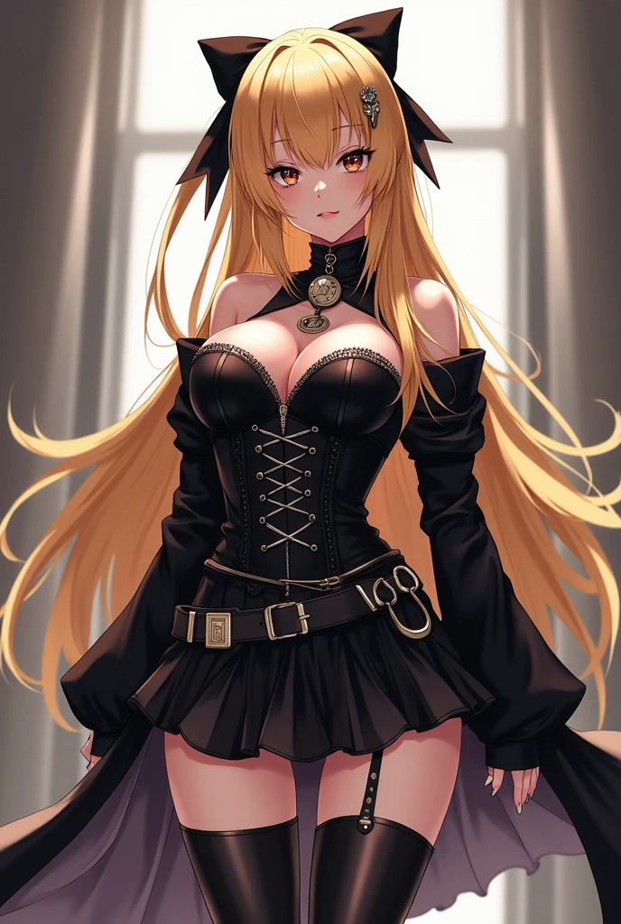 Long-haired blonde character with a black corset and high-heeled boots , a bow in her hair and a shocker on her neck and she is white has dark brown eyes and wears a black mini skirt anime version 