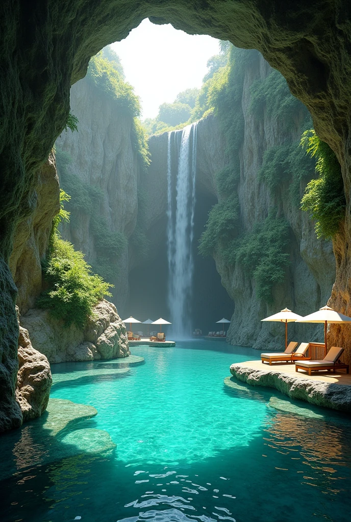 The image shows a beautiful outdoor swimming pool in the middle of a cave. The pool is surrounded by a rocky cliff with a waterfall cascading down the side. On the left side of the pool, there is a wooden deck with lounge chairs and umbrellas, providing a perfect spot to relax and enjoy the view. The water is a deep turquoise color and the rocks are covered in greenery. The overall atmosphere of the image is peaceful and serene.