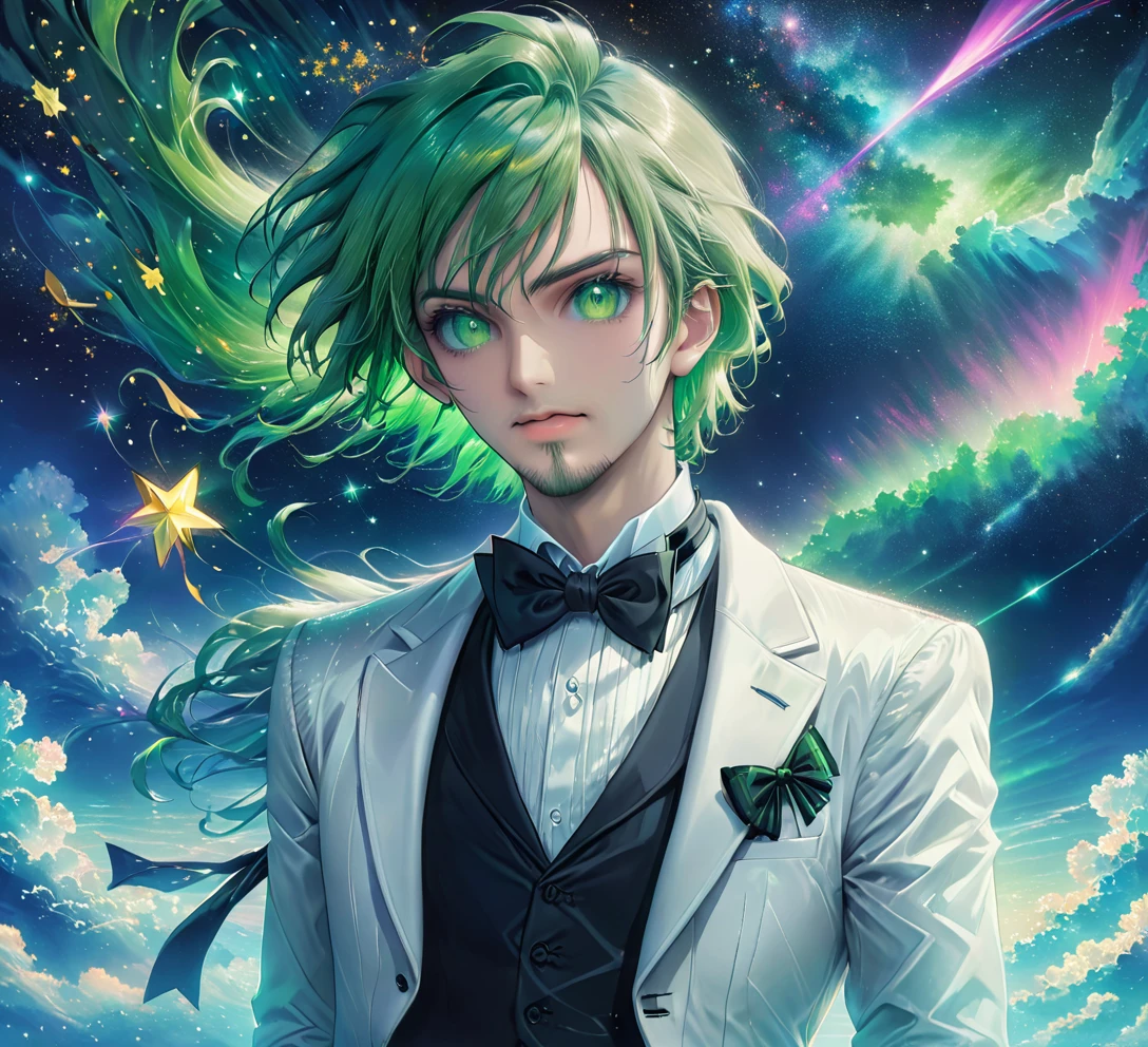 meitu, beetlejuice, anime, manga style, alex brightman starring as beetlejuice,1boy, aurora, black bow, black bowtie, bow, bowtie, facial hair, formal, green eyes, green hair, male focus, night, night sky, realistic, shooting star, sky, solo, space, sparkle, star (sky), starry sky, suit, tuxedo, wlop, guweiz, meitu