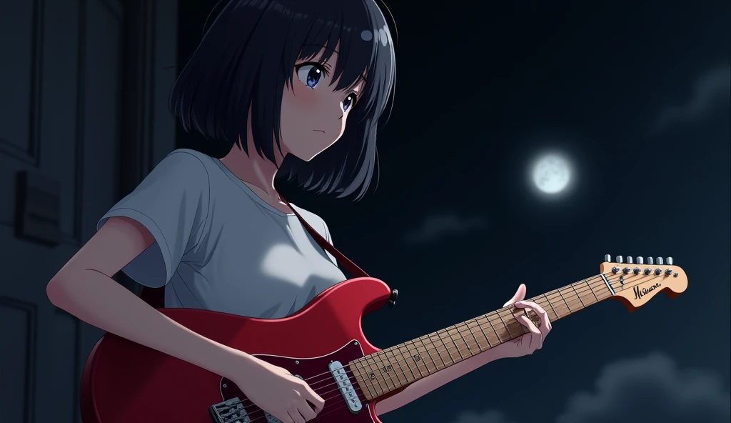 Red Electric Guitar,The pickguard is also red,A girl playing,19 years old,Bluish black hair,Dark Room,Inside the room,Gentle moonlight,Heavy round bob hair,Plain white T-shirt,Anime Style, Shooting from an oblique angle,High resolution,