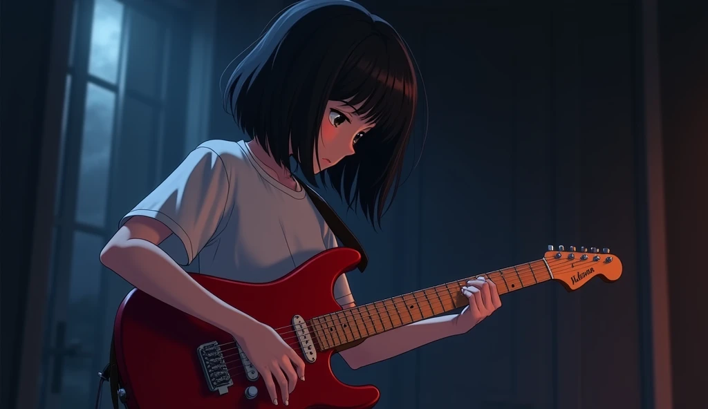 Red Electric Guitar,The pickguard is also red,A girl playing,19 years old,Bluish black hair,Dark Room,Inside the room,Gentle moonlight,Heavy round bob hair,Plain white T-shirt,Anime Style, Shooting from an oblique angle,High resolution,