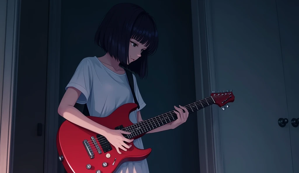 Red Electric Guitar,The pickguard is also red,A girl playing,19 years old,Bluish black hair,Dark Room,Inside the room,Gentle moonlight,Heavy round bob hair,Plain white T-shirt,Anime Style, Shooting from an oblique angle,High resolution, 