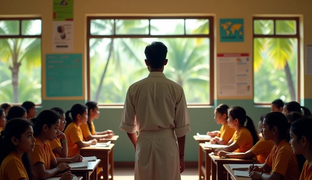 Back view of a teacher teaching in class with post of students in kerala