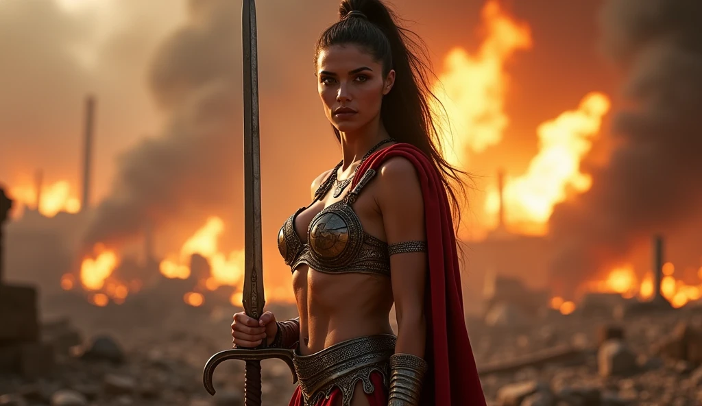 a gorgeous 23-year-old Spartan warrior woman,extremely detailed face and body,beautiful detailed eyes,beautiful detailed lips,longeyelashes,intricate armor,sword in hand,greek city in flames,pillaging and destruction,dramatic lighting,cinematic composition,ultra-realistic,8k,highres,masterpiece,photo-realistic