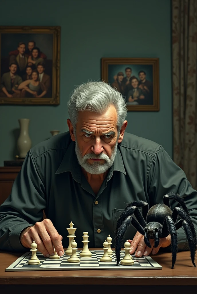 Lonely adult man with short gray hair, half closed beard that looks serious, playing chess with a single large spider With a small painting of him and his high school friends in the background 
