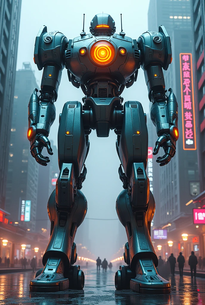 a massive cyberpunk mecha, highly detailed, futuristic, intricate machinery, glowing energy core, gleaming metallic body, towering over the cityscape, dramatic lighting, cinematic composition, vibrant colors, dynamic pose, advanced technology, incredible detail and realism, award-winning digital art, concept art style, 8k, best quality, photorealistic