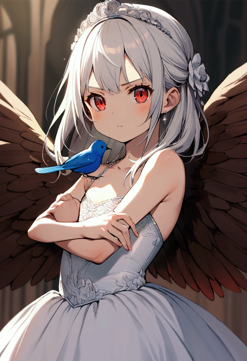 6 years old girl, white hair, red eyes, wedding dress, blue bird wings on her arms, brown wings on her back