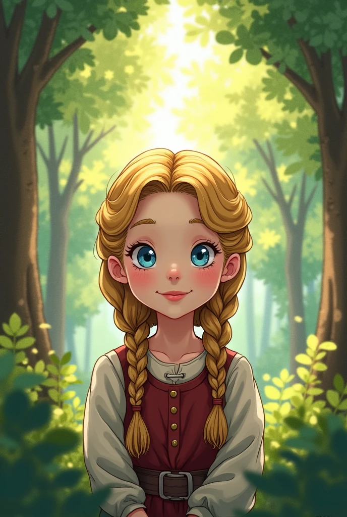 1 girl, About 10 years old,Watercolor Texture,Golden Hair, Blue Eyes,Soft colors, Illustration Anime, Being in the forest,German,middle ages,Front facing,smile,Hairstyle: braids,