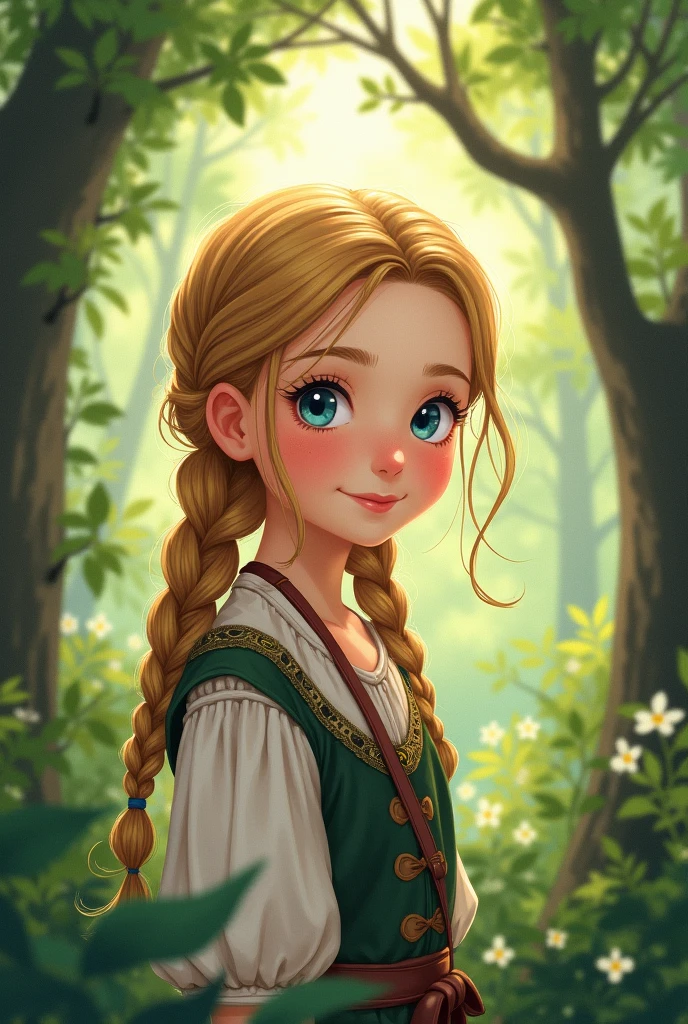 1 girl, About 10 years old,Watercolor Texture,Golden Hair, Blue Eyes,Soft colors, Illustration Anime, Being in the forest,German,middle ages,Front facing,smile,Hairstyle: braids,