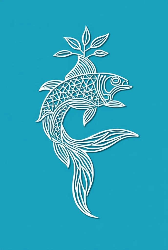 Logo of a fish with a plant as if it were an Otomi embroidery, Simple, only lines, without filling and with a blue color palette 
