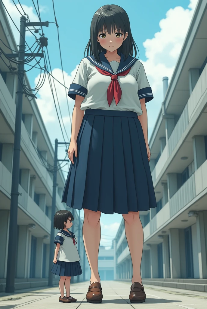 A giant female Japanese high school student, about 20 meters tall, squatting down, wearing a sailor suit, looking shyly at the Japanese junior high school student in front of her, her loafers making cracks on the floor.