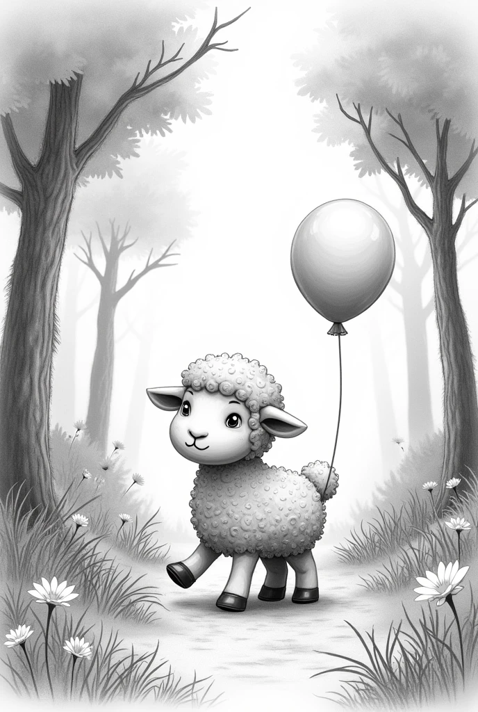 stuffed sheep walking with a balloon in a forest. in childish style in black and white pencil and very contrasting