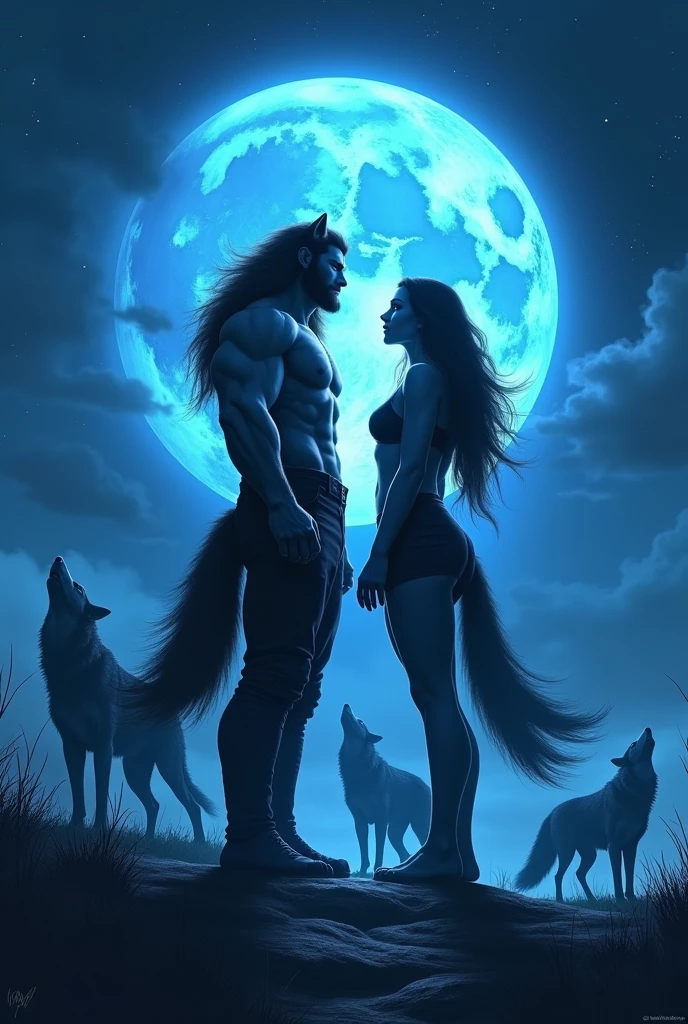 Generate a realistic image of a alpha male and female under a blue moon and a wolf howling wit wolf packs behind them