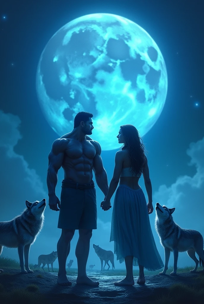 Generate a realistic image of a alpha male and female under a blue moon and a wolf howling wit wolf packs behind them
