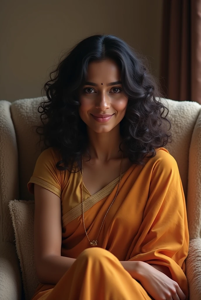((masterpiece)), ((best quality)), indian girl of 36yrs of age, sitting on chair, with a cosy background,should be fail with curly hairs